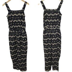 Koton Black Bohemian Square Neck Jumpsuit Size XS Hippie Boho White‎ Wide Leg